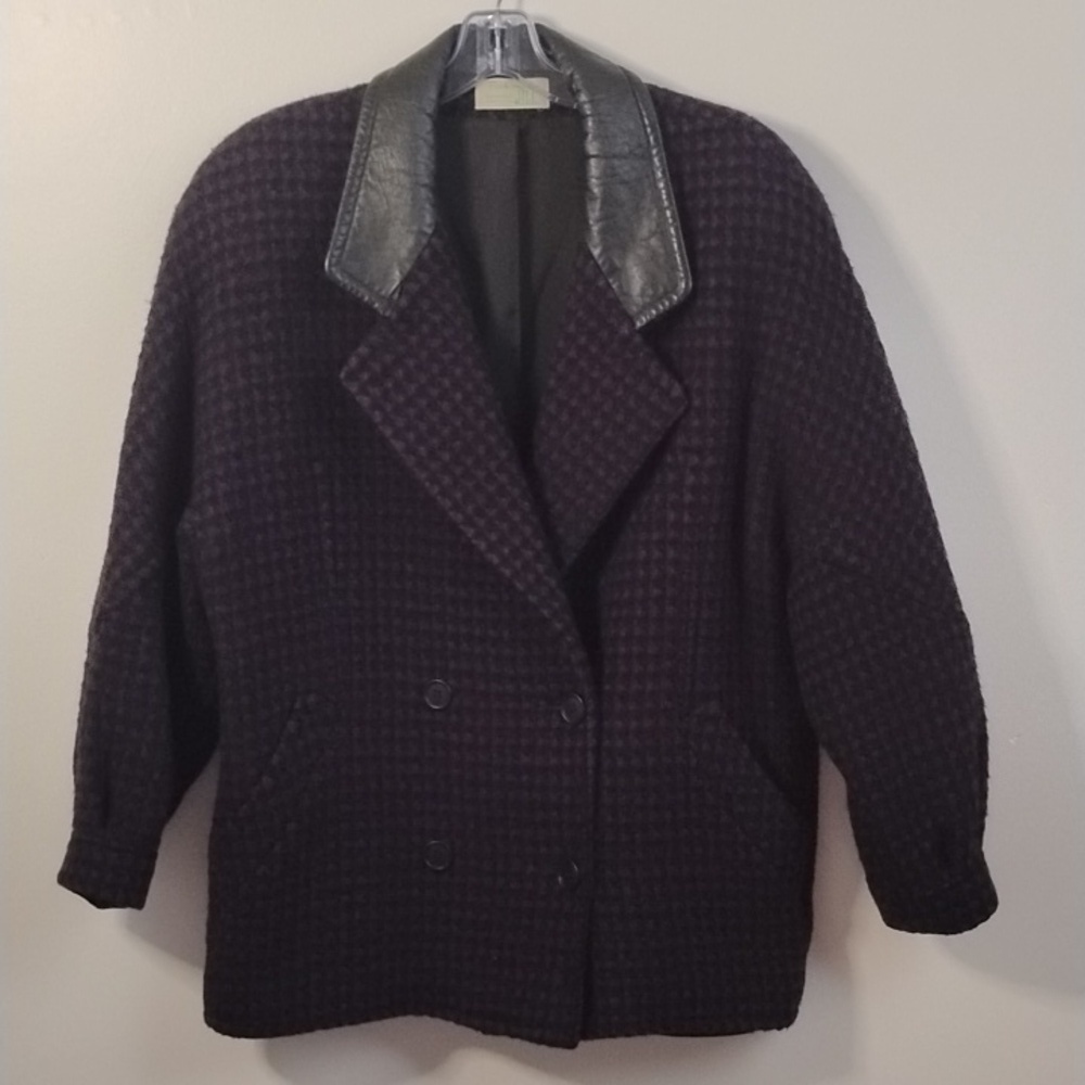 Vintage Retro 80s Fashions By Jill Leather‎ & Wool Abstract Plaid Black & Purple